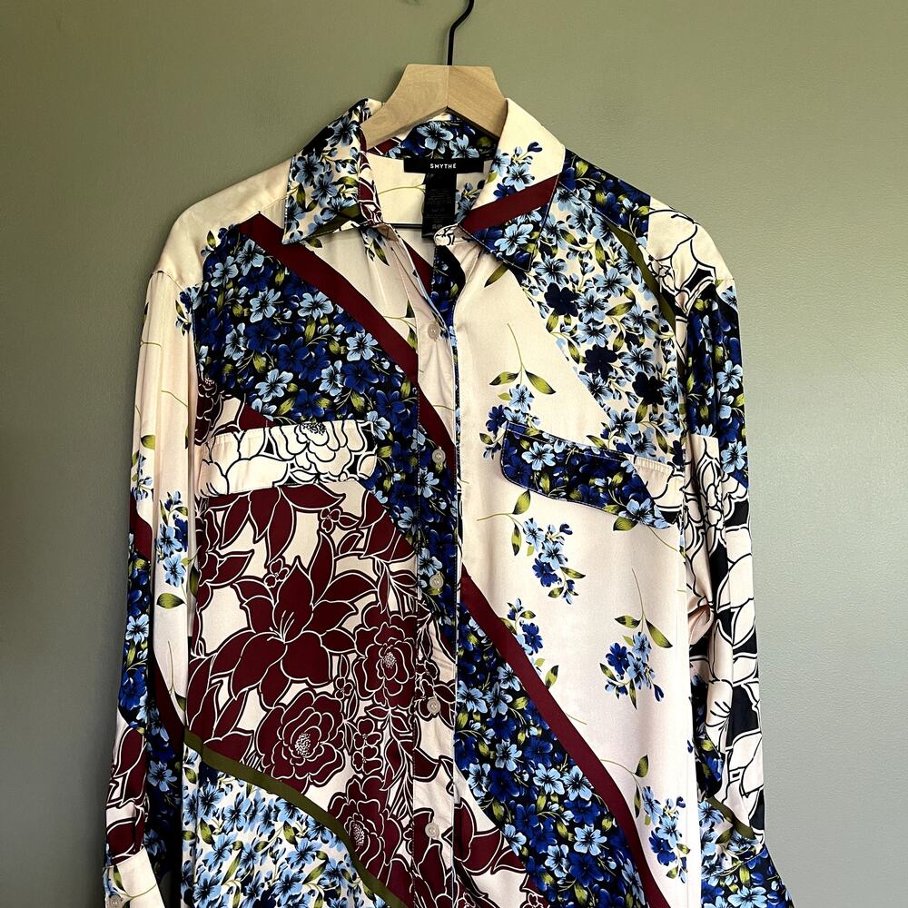 SMYTHE Shirtdress Multi Scarf Print Size Small Pink Cream Red Blue Floral Chic - Picture 6 of 16